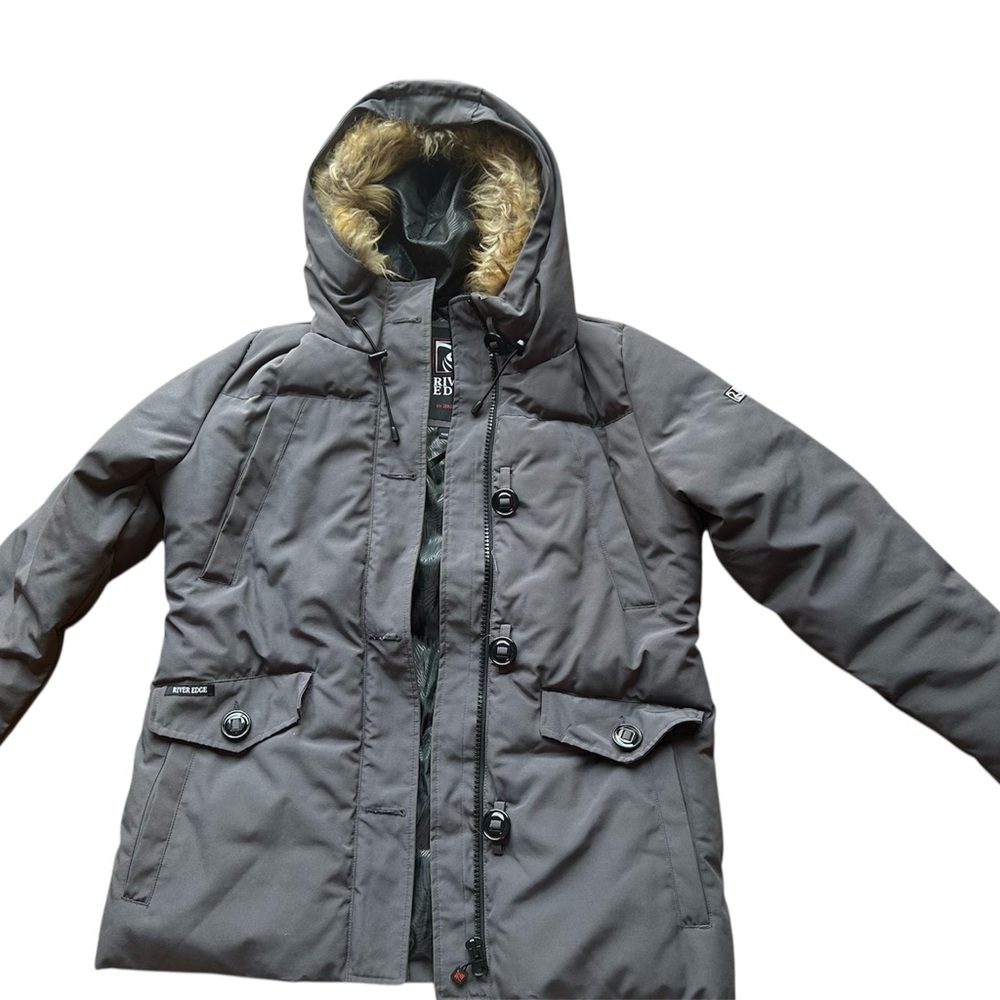New! Black Hooded Winter puffer Jacket with Fur Trim. Rivers Edge size Medium